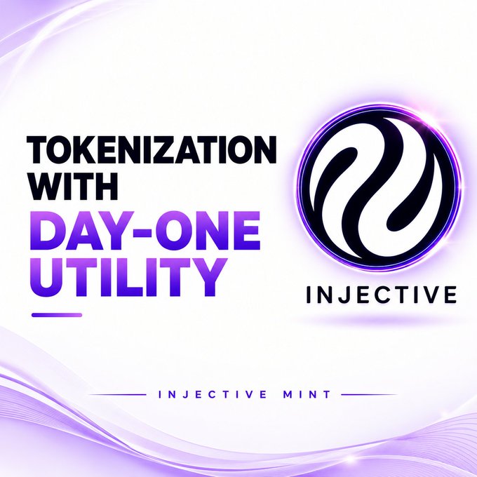 A promotional graphic for Injective blockchain with the text 'TOKENIZATION WITH DAY-ONE UTILITY' and 'INJECTIVE MINT', featuring the Injective logo on a purple and white abstract background.