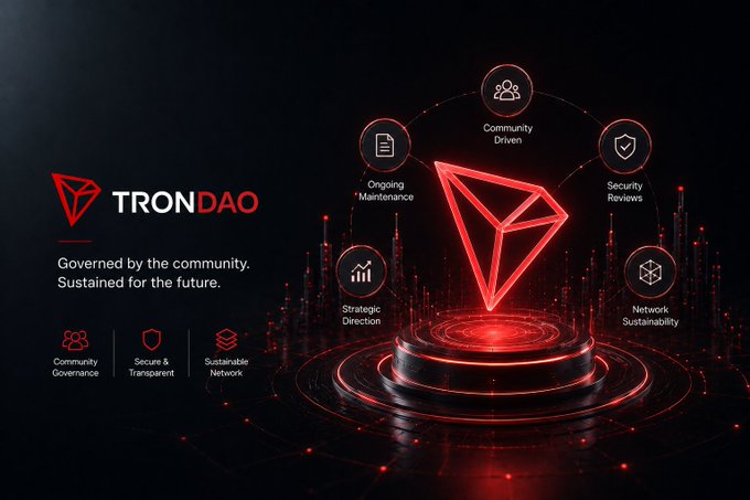 A TronDAO promotional graphic featuring a glowing red TRX diamond logo with the tagline 'Governed by the community. Sustained for the future.' and surrounding icons labeled Community Driven, Security Reviews, Ongoing Maintenance, Strategic Direction, and Network Sustainability.