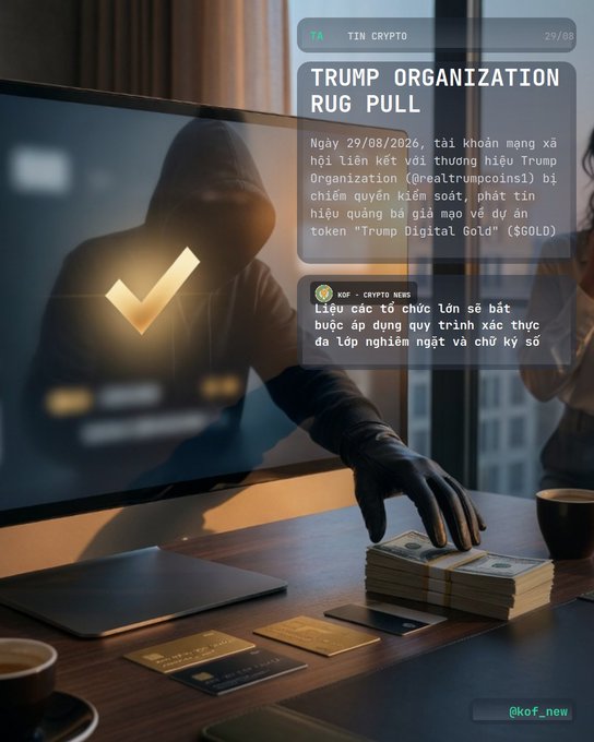 A conceptual news graphic from KOF Crypto News (29/08) titled 'TRUMP ORGANIZATION RUG PULL' discussing a breach of the Trump Organization's social media account and the 'Trump Digital Gold' ($GOLD) token.