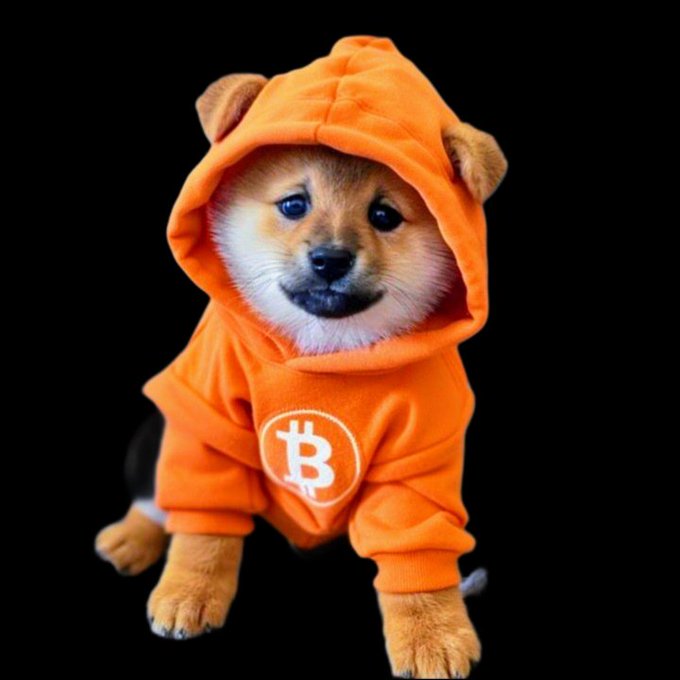 An adorable Shiba Inu puppy wearing an orange hoodie featuring the Bitcoin '₿' logo, photographed against a black background.