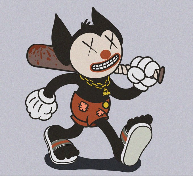 A cartoon depiction of a black and white cat-like character in red shorts, wearing a gold chain, wielding a bloody baseball bat with a menacing grin showing sharp teeth.