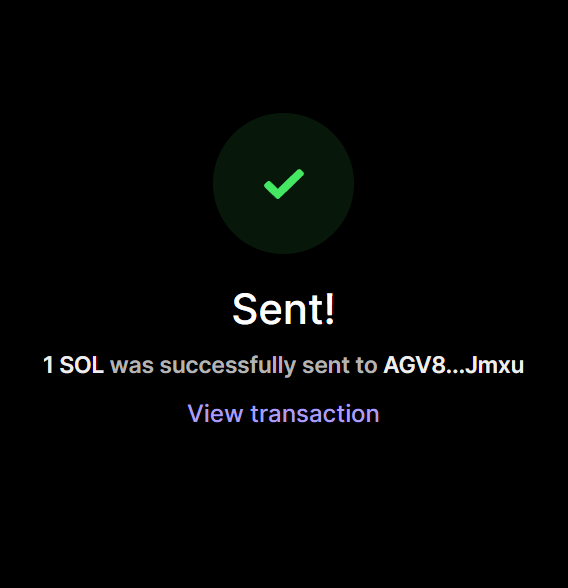 The image displays a transaction confirmation screen showing "Sent!" with a green checkmark, indicating that "1 SOL was successfully sent to AGV8...Jmxu," with a "View transaction" link below. It visually confirms the accompanying post about sending 1 SOL as a thank-you for active participation.