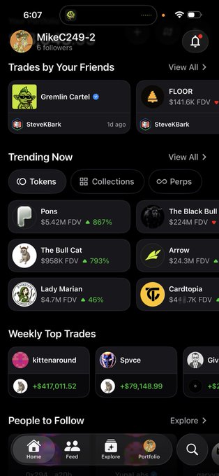 A mobile app screenshot of a trading platform (likely Friend.tech) showing the profile 'MikeC249-2' with sections for 'Trades by Your Friends', 'Trending Now' (featuring 'Pons', 'The Black Bull', 'The Bull Cat', 'Arrow', 'Lady Marian', 'Cardtopia'), and 'Weekly Top Trades'.