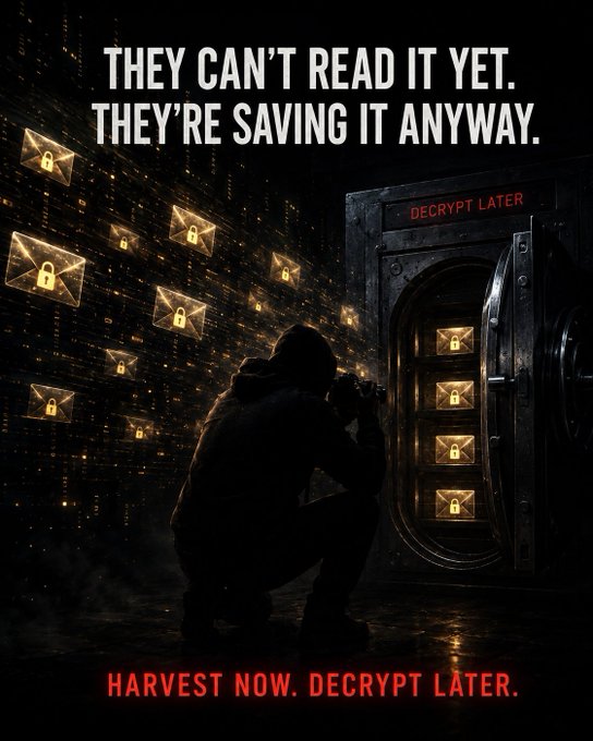 A cybersecurity-themed graphic depicting a hooded figure near a vault filled with locked envelopes, with text reading 'THEY CAN'T READ IT YET. THEY'RE SAVING IT ANYWAY.' and 'HARVEST NOW. DECRYPT LATER.'