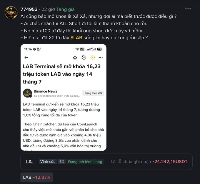 A Vietnamese social media post discussing the LAB token unlock, showing a Binance News article about LAB Terminal unlocking 16.23 million tokens on July 14, with the user questioning whether the short will be squeezed or dumped.