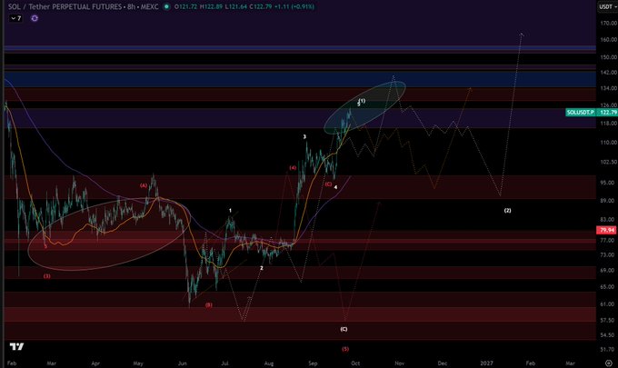 A financial chart displays SOL (Tether PERPETUAL FUTURES) on the 8h timeframe, showing technical analysis patterns with various colored wave counts and annotations.