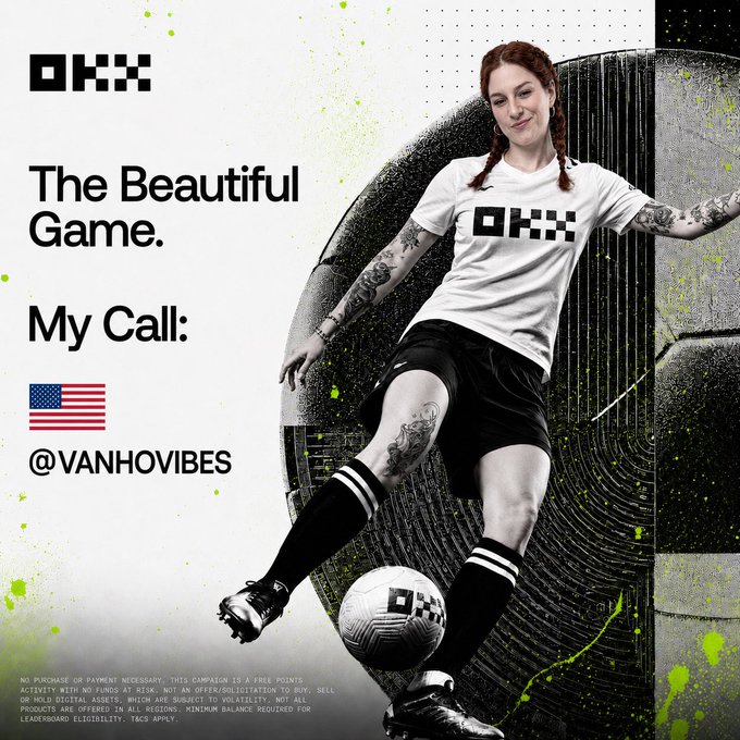 The image features a woman wearing a soccer uniform with tattoos on her arms, standing next to a soccer ball. The background of the image includes an American flag and text that reads "Fun to play along" and "World Cup calls are just trading with a scoreboard". The main focus is on the woman posing for the photo while holding the soccer ball.