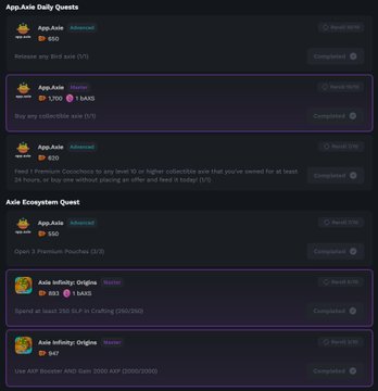 A screenshot of an app called 'App,Axie' showing Daily Quests and an Axie Ecosystem Quest with rewards like 'Receive any Bird axie' for 850 gems and 'Buy any collectible axie' for 1,750 gems, completed by user 88Axie03.