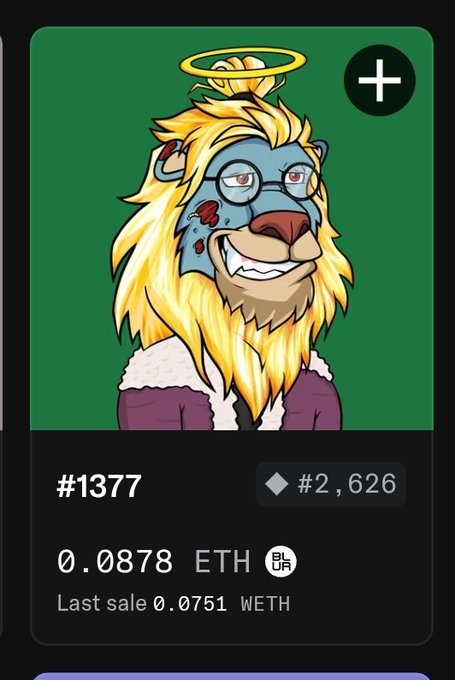 An NFT listing showing a cartoon ape character with a golden halo and mane wearing glasses, labeled '#1377' priced at '0.0878 ETH' with 'Last sale 0.0751 WETH'.