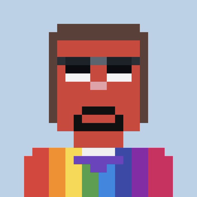 A pixel art portrait of a bearded man with dark skin wearing a colorful rainbow-striped shirt against a light blue background.