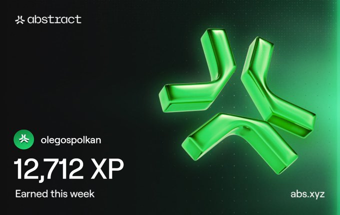 An abstract platform display shows a user "olegospolkan" earning "12,712 XP" for the week, featuring a large green abstract 3D logo.