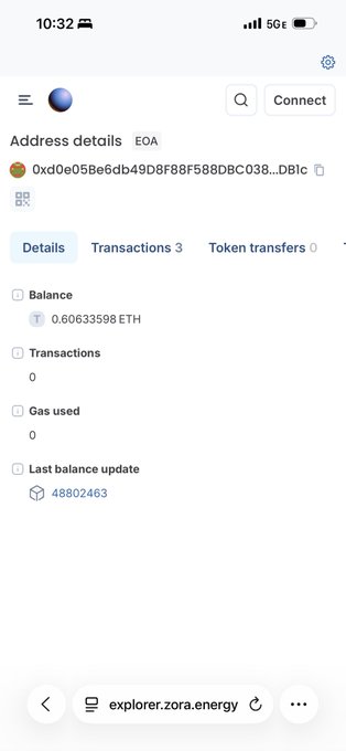 A mobile screenshot of a blockchain explorer (explorer.zora.energy) showing address details for an EOA wallet with a balance of 0.60633598 ETH.