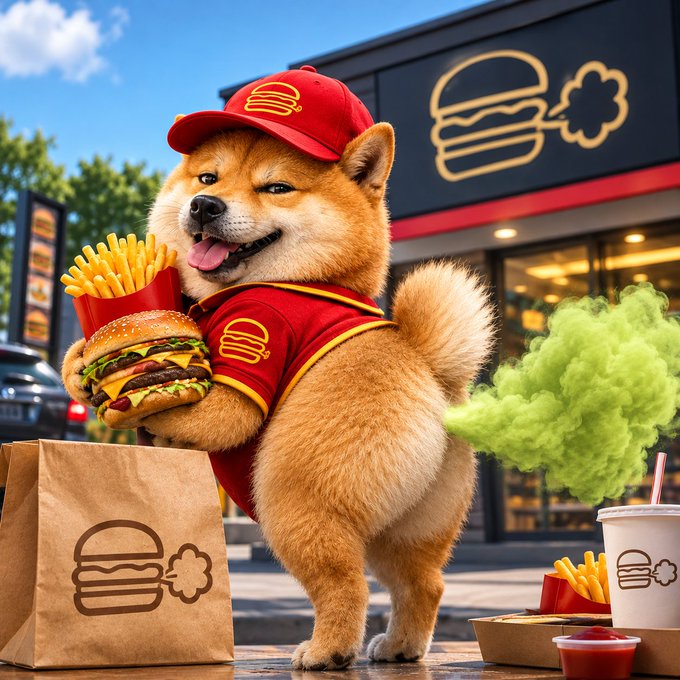 A Shiba Inu dog wearing a red fast-food uniform and cap stands outside a restaurant, holding a cheeseburger and fries while emitting green gas, with fast food packaging nearby.