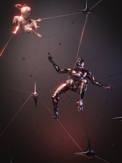 A dark digital artwork depicting a chrome humanoid figure entangled in red laser lines alongside a small cherub and metallic star-shaped objects.