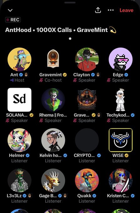 A screenshot of a Twitter Space titled 'AntHood • 1000X Calls • GraveMint' showing participants including host Ant, co-host Gravemint, and speakers/listeners like Clayton, Edge, SOLANA, Rhema, Grave, Techykod, Helmer, Kelvin, CRYPTO, WISE, L3v3gLz, Gage B., Quakk, and Kristen C.