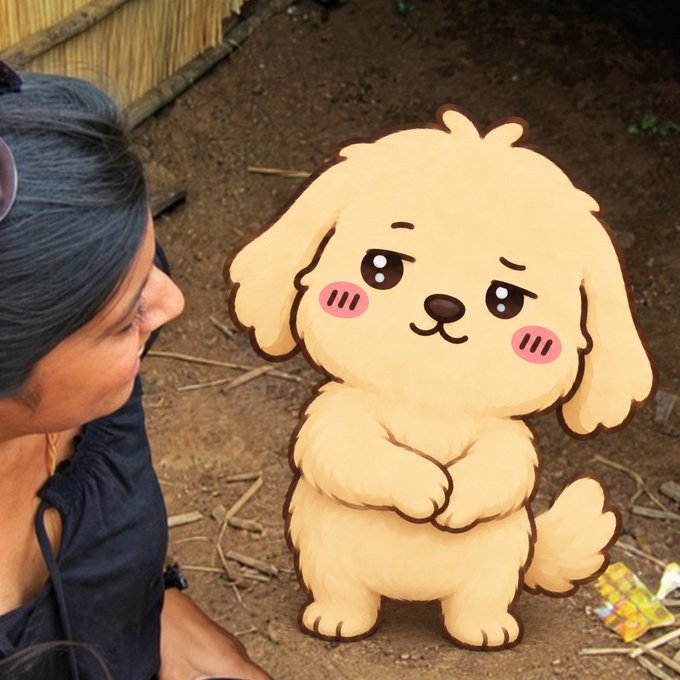 A person looking at a cartoon-style, sad-eyed golden retriever dog sticker or cutout that has been superimposed onto an outdoor dirt setting.