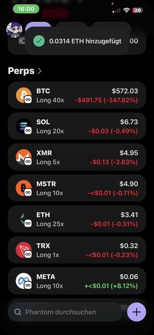 The image depicts a cell phone screen with various app icons displayed, including several cryptocurrency apps and a messaging app named " chats ". The main focus of the image appears to be a chart or graph that provides information about the value of different cryptocurrencies over time. The background color of the display is black, which contrasts with the white text on the screen. There are multiple app icons scattered across the screen, including one for Bitcoin and others related to cryptocurrency trading. At the bottom of the image, there is a message in German that provides some additional information about the application or data displayed on the phone's screen.