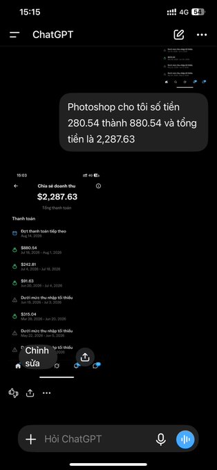 A ChatGPT mobile app screenshot in Vietnamese showing a conversation about Photoshop charges totaling $2,287.63, with a breakdown of recurring charges including Adobe Creative Cloud services.