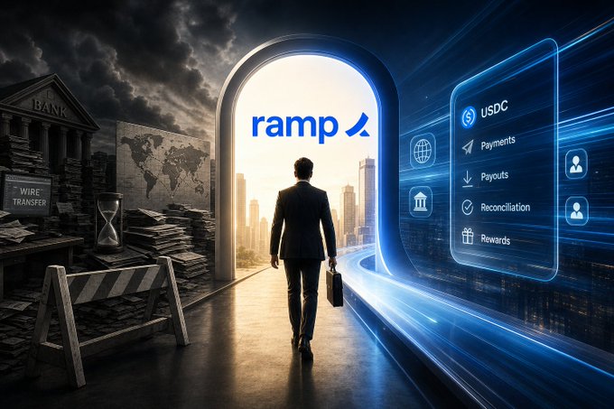 A split-concept digital image showing a businessman walking through a glowing archway labeled 'ramp' from a dark, gloomy bank setting on the left toward a bright, futuristic digital interface on the right featuring services like 'USDC', 'Payments', 'Payouts', 'Reconciliation', and 'Rewards'.