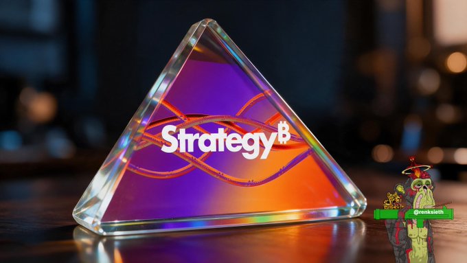 Glowing triangular prism with the "Strategyβ" logo inside, with a small Shrek meme character labeled "@renkieith" in the corner.