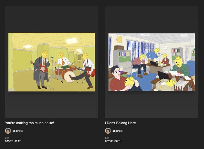Two digital illustrations sold as NFTs by abdlinsyl: 'You're making too much noise!' showing bandmates playing music, and 'I Don't Belong Here' depicting a worker feeling out of place among Homer Simpson-like colleagues.