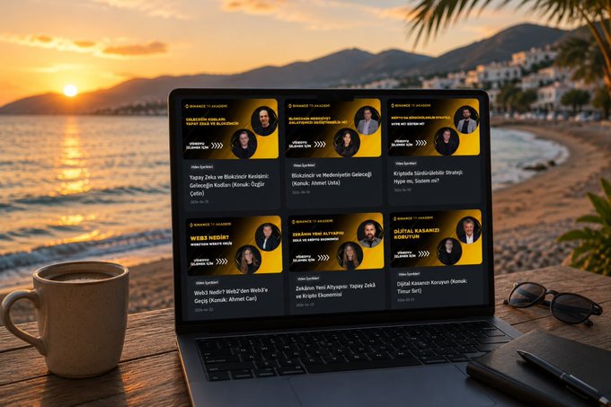 A laptop on a beachside table displays a webpage featuring multiple video thumbnails with speakers, including titles like "Biokrční Ve Medenystm Golcojio" and "Kriptola Sürdürülebilir Strateji," alongside a coffee cup and sunglasses with a sunset ocean backdrop. The image complements the post's caution against entering crypto markets without proper knowledge, suggesting that watching educational content from these experts is a smarter way to begin than blindly buying tokens hoping they rise.