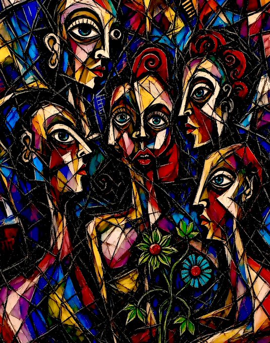 A colorful, cubist-style painting featuring fragmented, overlapping female faces with vivid blue, red, and yellow hues, accompanied by stylized flowers at the bottom. The artwork, titled "Obsession," visually complements the post's announcement of an auction on SuperRare, embodying the intense, multi-faceted emotional theme suggested by the title.