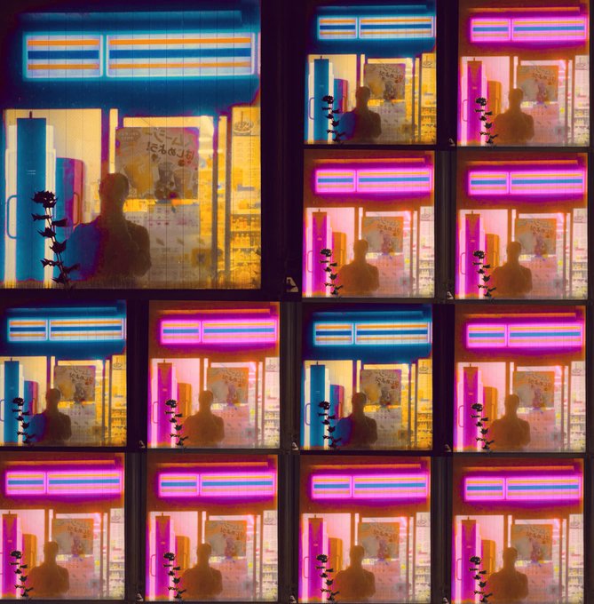 A stylized, neon-lit grid of shop windows with pink, blue, and yellow signage; a silhouetted figure sits inside one panel with a storefront reading 'leMonde!'.