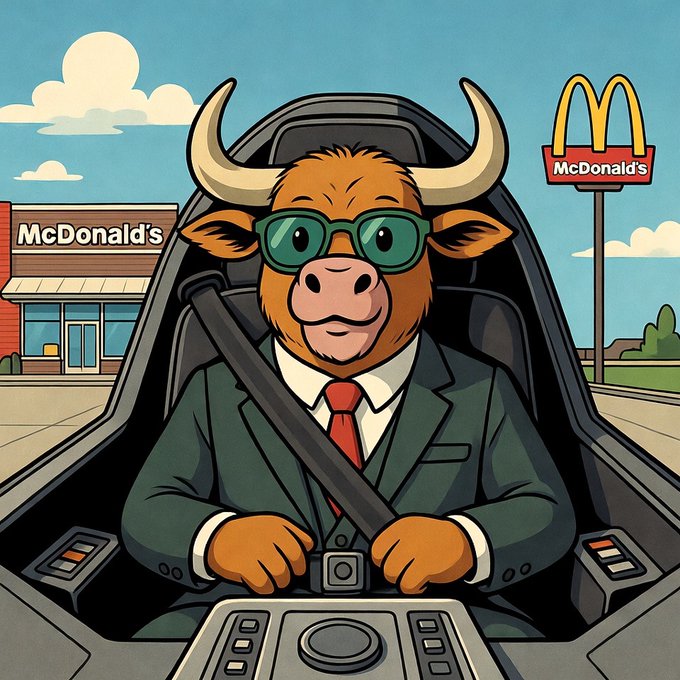 The image features a cartoon bull wearing sunglasses, a suit, and a tie, driving a car with its horns up. In the background, there's a McDonald's restaurant sign, indicating that this scene takes place near a McDonald's location. The caption "BCH Bulls calling in to say hi." suggests that someone is using social media or messaging apps like Twitter to share their experience of driving a car with a bull as a passenger and possibly tagging the McDonald's restaurant in the process.

The image seems to be an artistic representation, combining elements from everyday life and popular culture. The bull wearing sunglasses and a suit adds a touch of humor and whimsy to the scene, while the presence of the McDonald's sign indicates that this is likely taking place in a real-world setting.