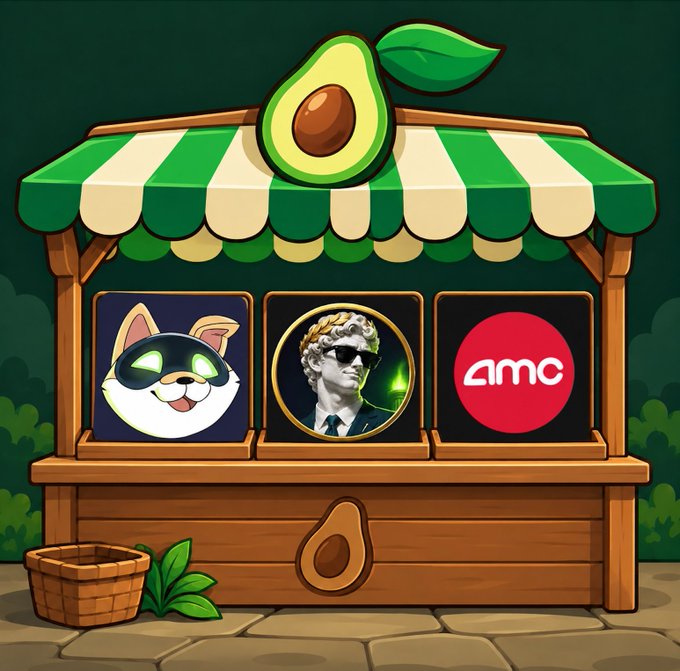 A cartoon avocado market stall displays three screens: a green-eyed cat logo, a man in sunglasses, and a red circle reading 'amc', with an avocado on the striped awning.