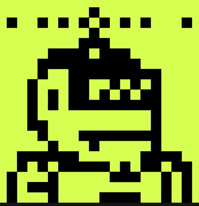 A pixel art style image featuring a black character on a bright yellow-green background.