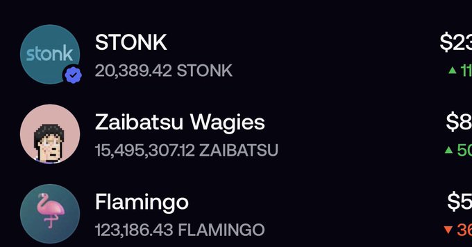 A digital interface displays cryptocurrency listings including 'STONK' at $23, 'Zaibatsu Wagies' at $8, and 'Flamingo' at $5, each with their respective balances and price changes.