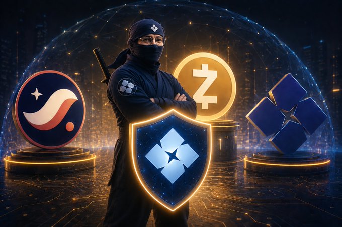 The image features an illustration of a man dressed as a ninja standing next to four different types of cryptocurrency symbols. The man is holding up a shield that displays the symbol "Z" along with a sword. The background includes a cityscape, which adds depth to the scene and emphasizes the urban setting for this digital currency-themed artwork.