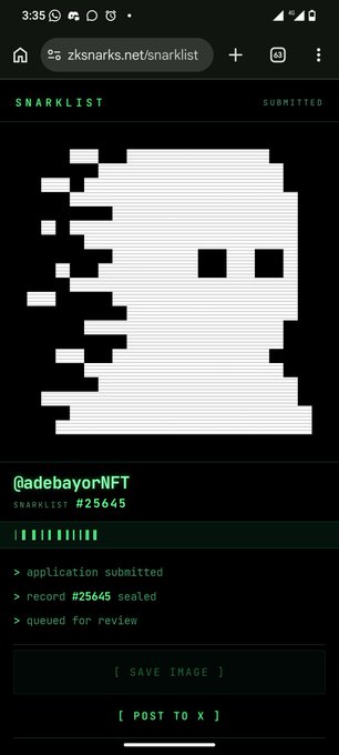 A mobile screenshot from zksnarks.net/snarklist showing a pixel ghost NFT entry '@adebayorNFT' with submission details for record #25645.