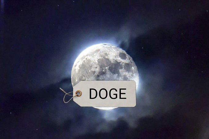 A full moon in a starry night sky with a tag labeled 'DOGE' attached to it.