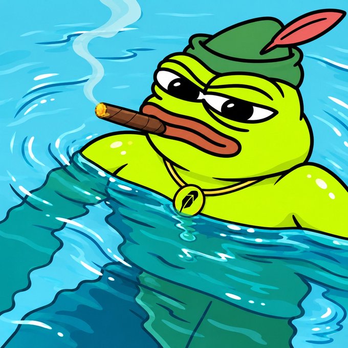 Cartoon illustration of a green frog wearing a green hat with a red feather, smoking a cigar while floating in blue water.