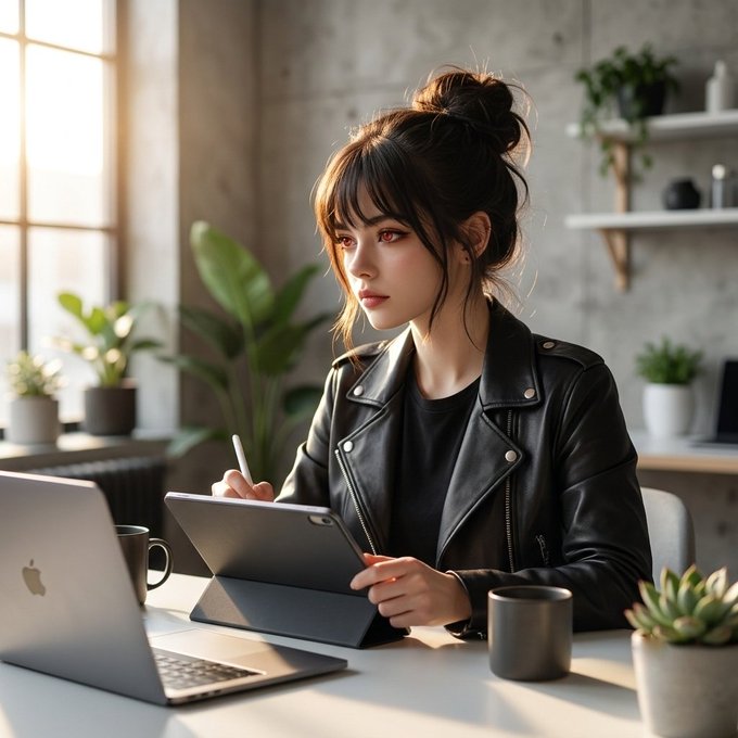 A young woman with a high bun and bangs sits focused at a desk, using a stylus on a tablet alongside a MacBook, wearing a black leather jacket in a sunlit, plant-filled workspace. The image visually reinforces the post's message by depicting the shift from passive consumer to active creator—shown through her hands-on creative work and productive environment.