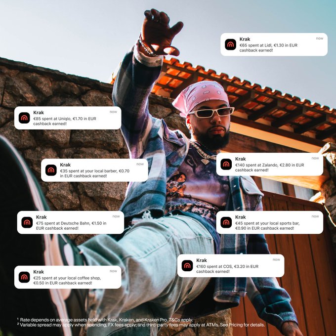 An advertisement for the 'Krak' app featuring a man in a pink bandana and sunglasses pointing at the camera, surrounded by multiple notifications showing cashback earned at merchants like Lidl, Uniqlo, and Zalando.