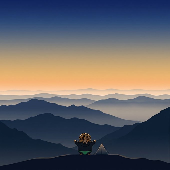A cartoon character sits beside a small tent at sunset, overlooking a series of silhouetted, overlapping mountain ranges.
