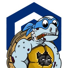 A cartoon blue turtle with a bandana and a city skyline on its shell appears in front of a blue hexagonal logo, representing the @TurtleonCro NFT community. The image embodies the friendly, collectible art style that inspired the poster to mint and join the supportive turtle family.