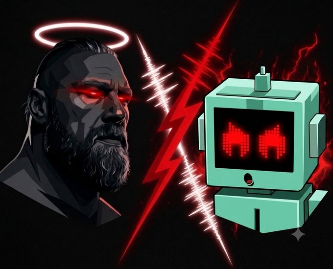 A digital illustration showing a bearded man with a glowing red halo and red eyes next to a robot with a screen face displaying red pixelated eyes, separated by a red lightning bolt.
