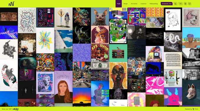 A digital art gallery interface on the objex.art website displays a grid of various colorful and stylized artworks.