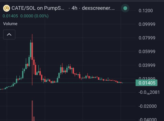 A cryptocurrency price chart for the CATE/SOL trading pair on PumpSwap, showing a current price of 0.01405 on a 4-hour timeframe from dexscreener, with a significant recent price spike followed by a decline.