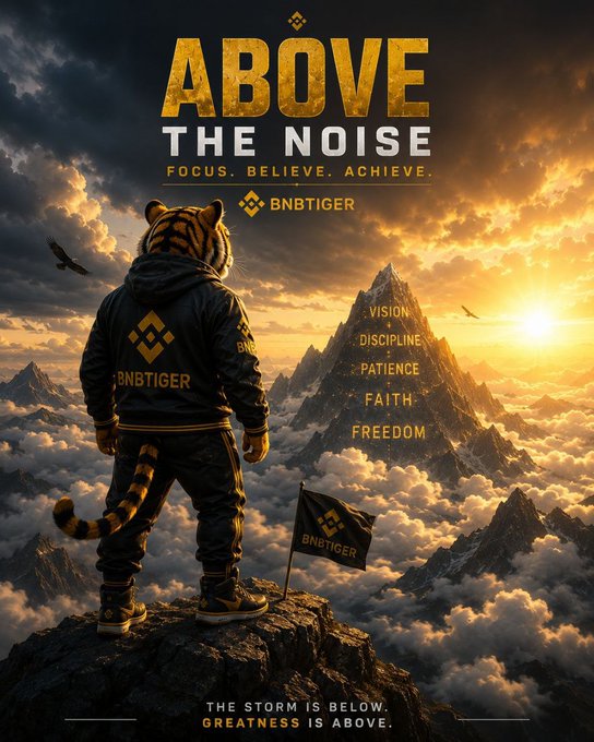 An anthropomorphic tiger wearing a "BNBTIGER" jacket stands atop a mountain peak above the clouds at sunset, with the bold text "ABOVE THE NOISE" and "FOCUS. BELIEVE. ACHIEVE." displayed above and the tagline "THE STORM IS BELOW. GREATNESS IS ABOVE." below. The image visually reinforces the post's message about rising above distractions, symbolizing how successful crypto traders (referencing #BNBTiger, #Bitcoin, and #BNB) must tune out market noise to reach their goals, with virtues like "VISION, DISCIPLINE, PATIENCE, FAITH, FREEDOM" etched into the mountain as the path to greatness.