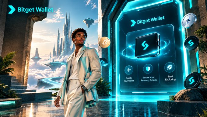 The image displays a promotional banner for "Bitget Wallet," featuring a stylish man in a white suit standing before a futuristic, glowing portal that highlights the wallet's features—Create Your Wallet, Secure Your Recovery Details, and Start Exploring—with Bitcoin and crypto logos floating nearby. The image aligns with the post's theme by showcasing Bitget Wallet as a user-empowering platform, emphasizing self-custody and control over one's crypto from day one.