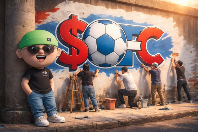An AI-generated image showing a cartoon character in a green beanie next to people spray-painting '$o√C' (a soccer-themed coin symbol) on a concrete wall.