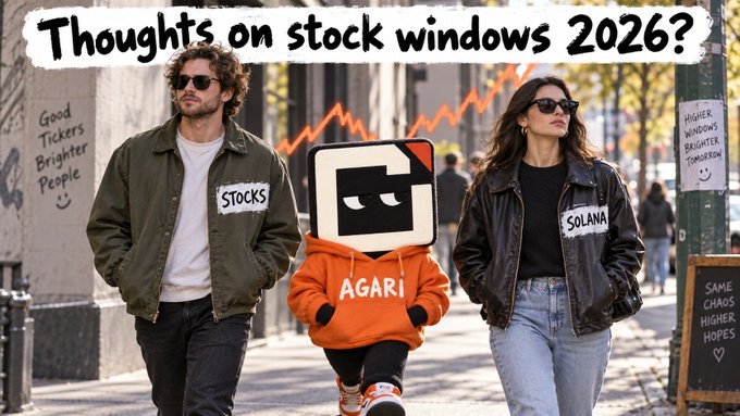 An AI-generated meme about stock market predictions for 2026, featuring a person in a 'STOCKS' jacket, a mascot labeled 'AGARI', and a person in a 'SOLANA' jacket, with handwritten notes like 'Good Tickers Brighter People' and 'Same Chaos Higher Hopes'.