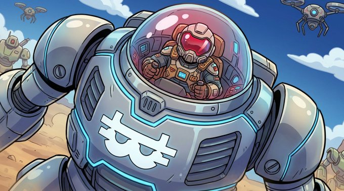 The image features a cartoon robot with a helmet, designed like a person's head, that has a Bitcoin symbol on its side. The robot appears to be in motion, possibly running or driving through an open space. In the background, there are other robots of various sizes and designs scattered across the scene.