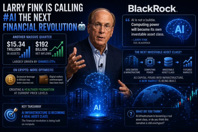 An infographic featuring BlackRock CEO Larry Fink with the headline 'LARRY FINK IS CALLING #AI THE NEXT FINANCIAL REVOLUTION,' highlighting $15.34 trillion in assets and quotes about computing power as the next investable asset class.