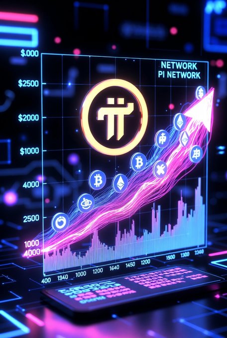 A vibrant neon-lit digital chart displays the Pi Network (π) logo surrounded by rising crypto icons and an upward-trending price graph, with values ranging from $1000 to $2500, symbolizing Pi Network's bullish growth and technological advancement as it activates Protocol 25 with BN254 cryptography and Poseidon hashing.